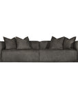 A dark gray upholstered leather sofa with matching throw pillows, shown from the front against a plain white background.