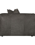 A dark gray textured leather sofa shown from the back, featuring two matching dark gray throw pillows, isolated on a white background.