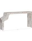 Duna Console Natural Fossil Stone dimensional diagram showing the console's proportions, sculptural leg profile and annotated measurements.