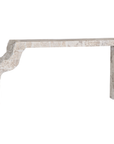 Duna Console Natural Fossil Stone three-quarter view, highlighting the elongated tabletop, curved sculptural leg and natural stone variations.