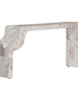 Duna Console Natural Fossil Stone angled view showing the textured curved support, rectangular end panel and pale beige stone finish.