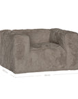 Harlow Sofa one seater upholstered in biscuit faux fur with overall dimensions shown, featuring a low profile silhouette, rounded arms and deep cushioned seating.
