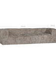 Harlow Sofa three seater upholstered in biscuit faux fur with overall dimensions shown, featuring a low profile silhouette, curved arms and deep cushioned seating.