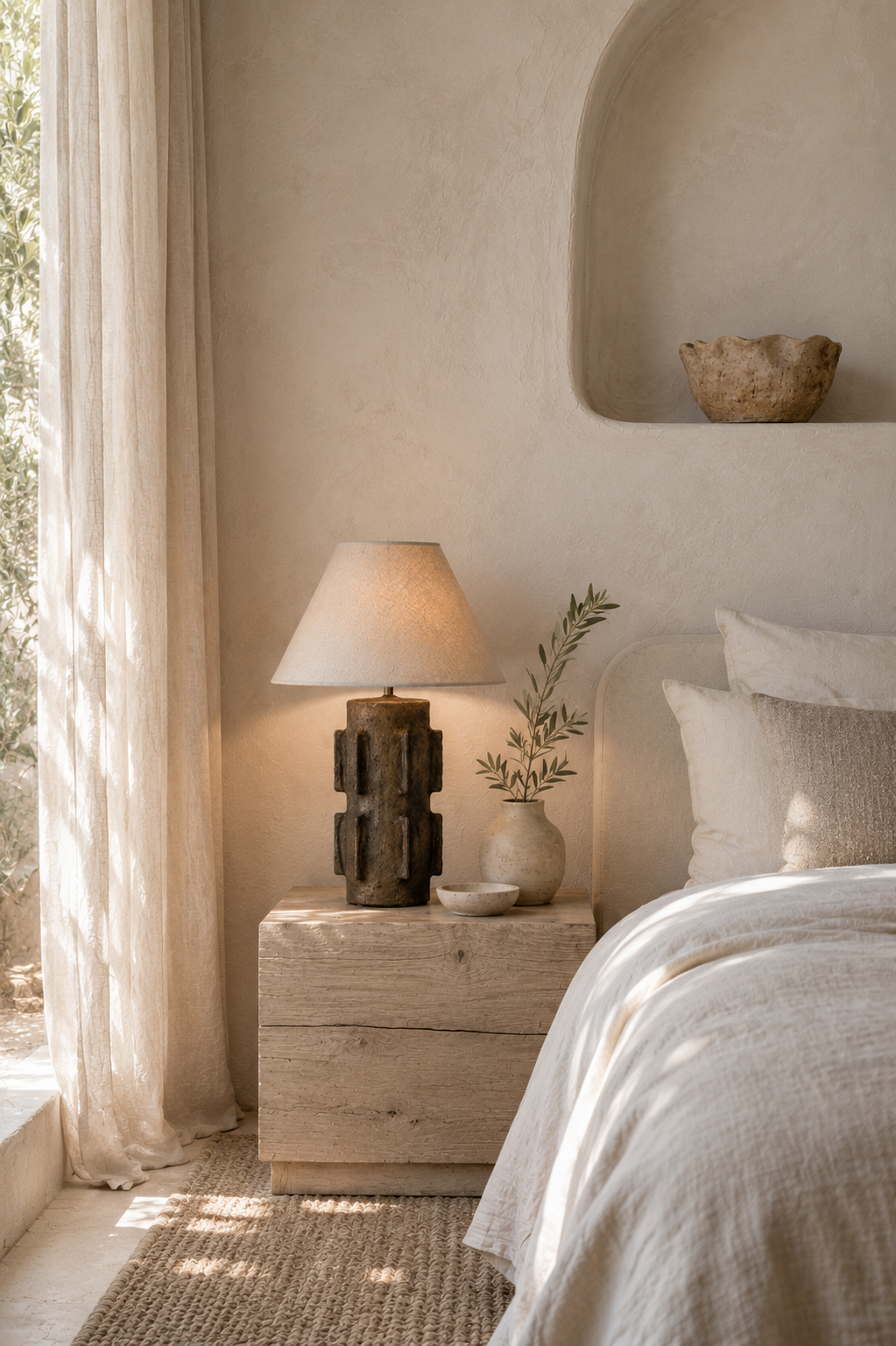 Liwa Table Lamp on a timber bedside table, featuring a textured sculptural base and tapered shade in a softly lit bedroom setting