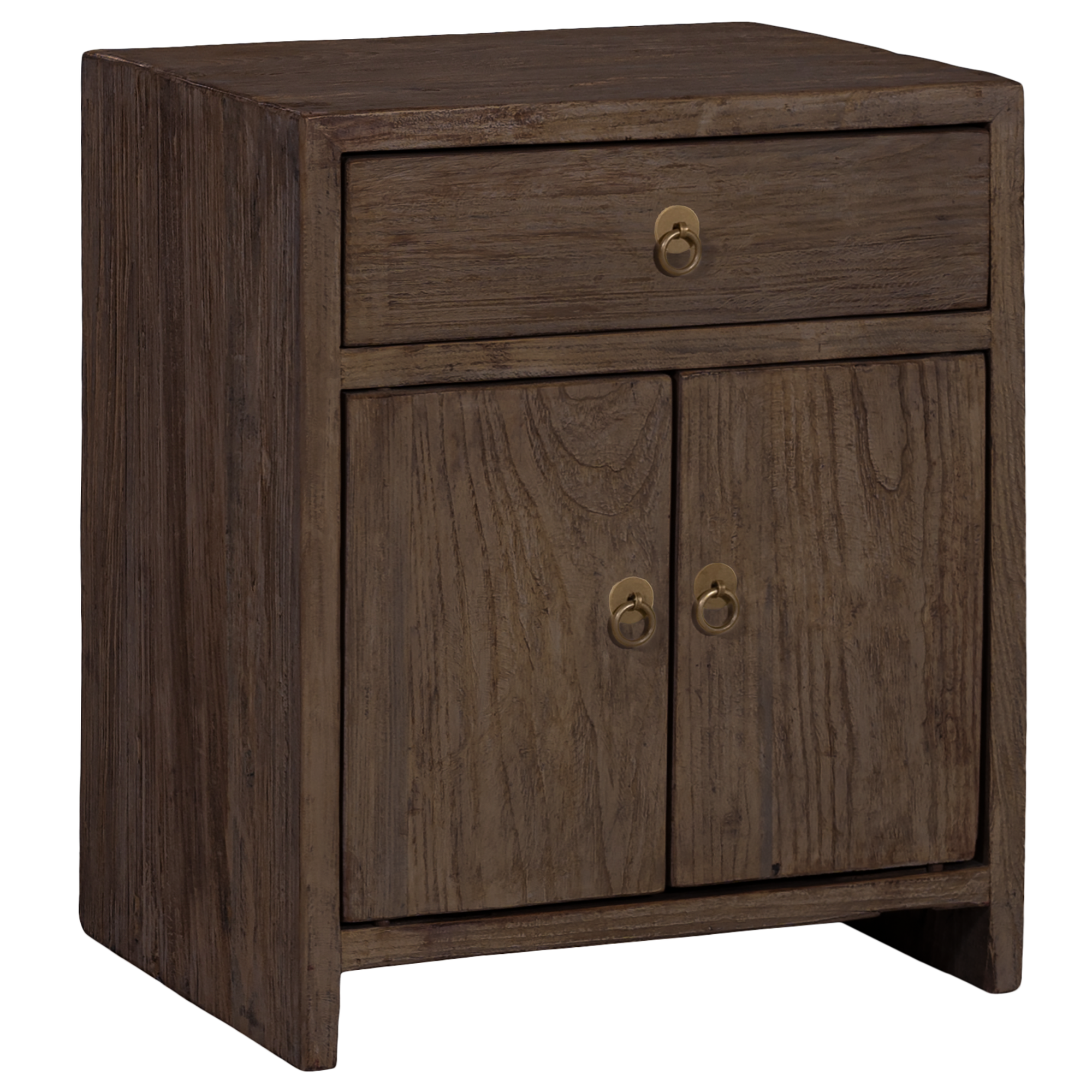 A dark chocolate brown wooden nightstand with a single drawer and two cabinet doors, featuring round brass hardware, shown on a plain white background.