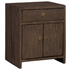 A dark chocolate brown wooden nightstand with a single drawer and two cabinet doors, featuring round brass hardware, shown on a plain white background.