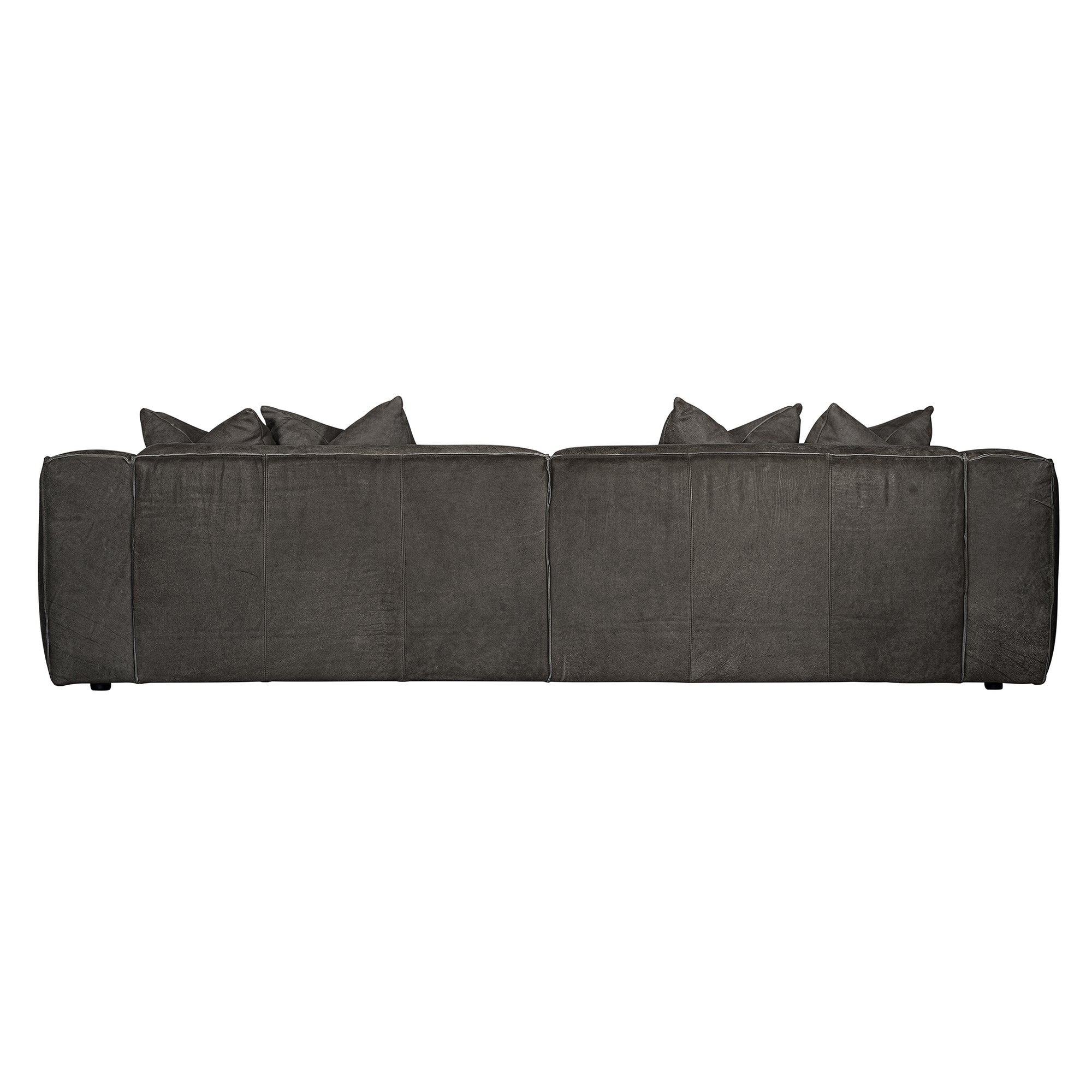 A dark gray leather sectional sofa shown from the back, featuring multiple cushions, on a plain white background.