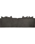 A dark gray leather sectional sofa shown from the back, featuring multiple cushions, on a plain white background.