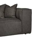 Close-up of a dark gray leather upholstered sofa corner with two matching throw pillows, shown against a plain white background.