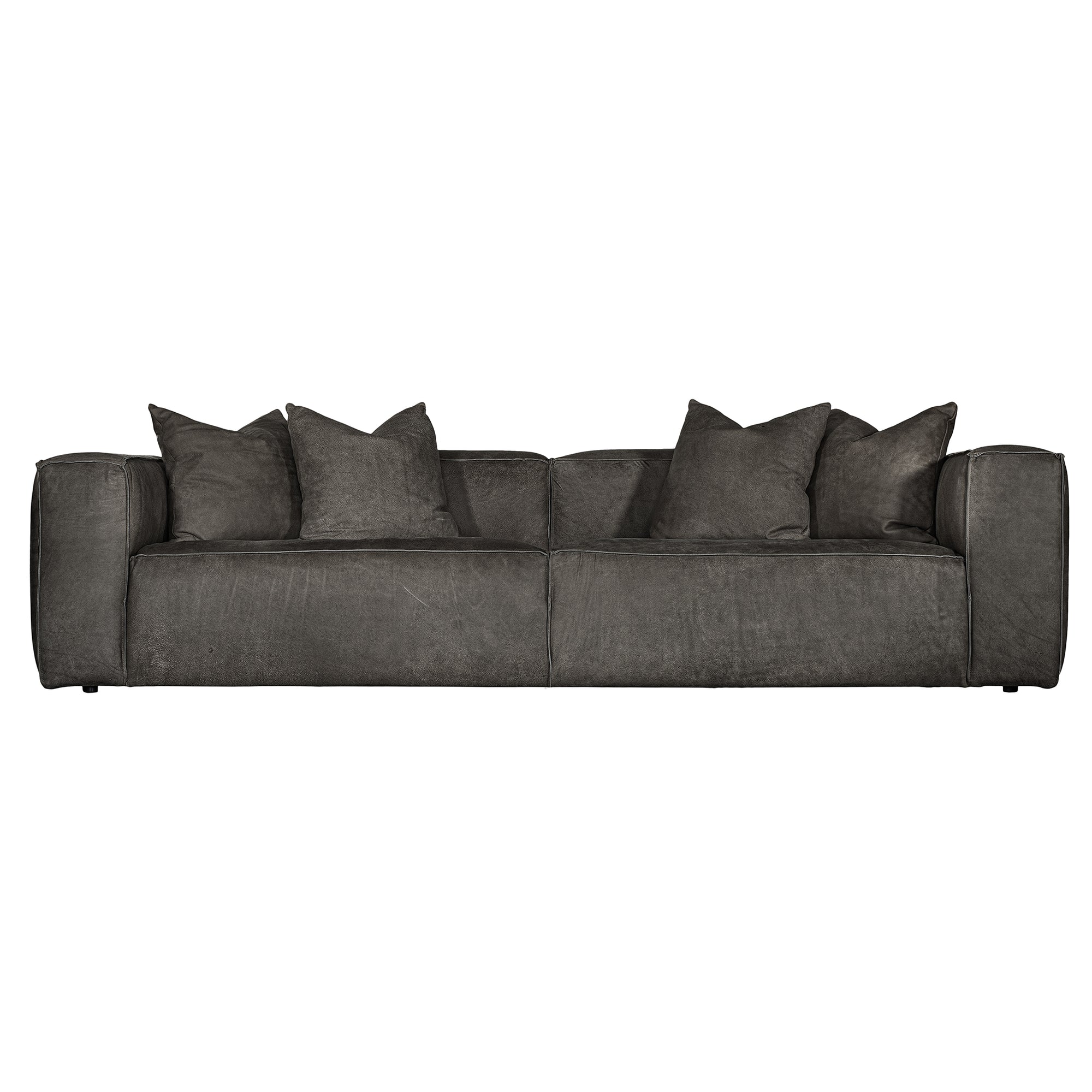 A dark gray upholstered leather sofa with matching throw pillows, shown from the front against a plain white background.