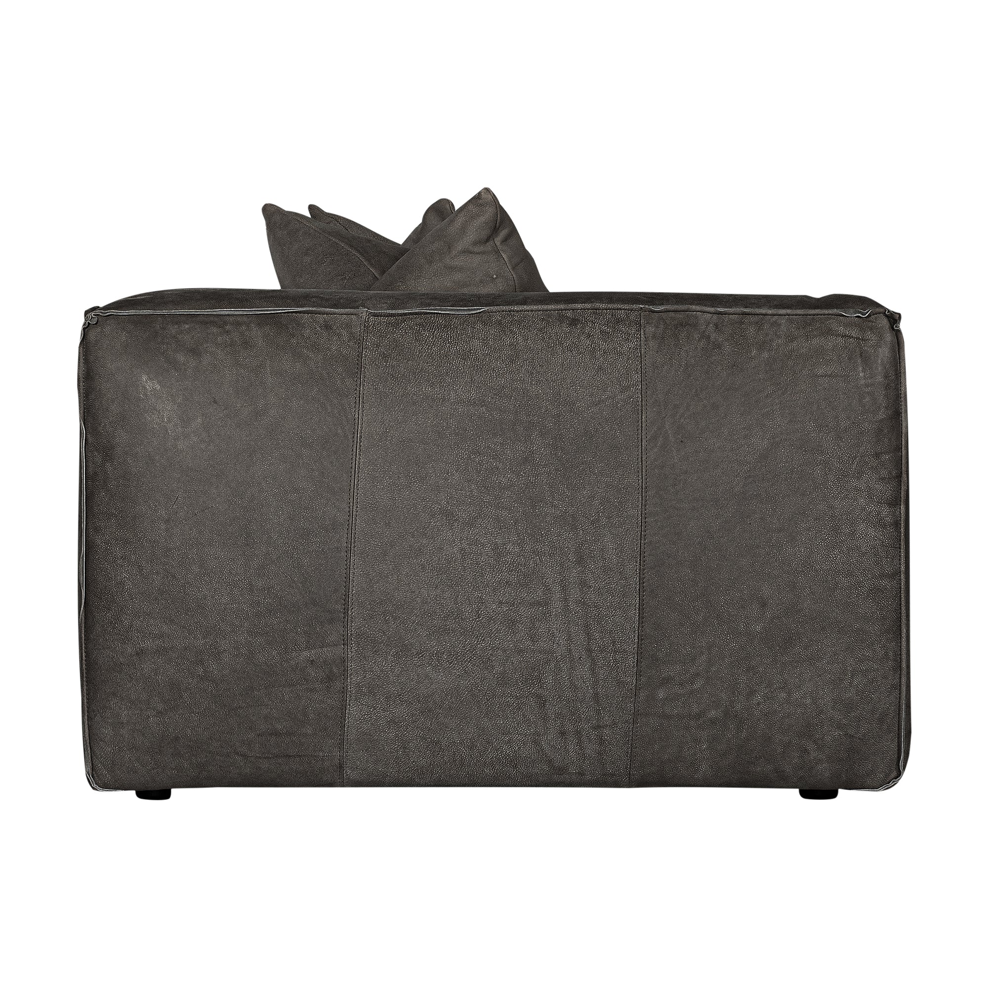 A dark gray textured leather sofa shown from the back, featuring two matching dark gray throw pillows, isolated on a white background.