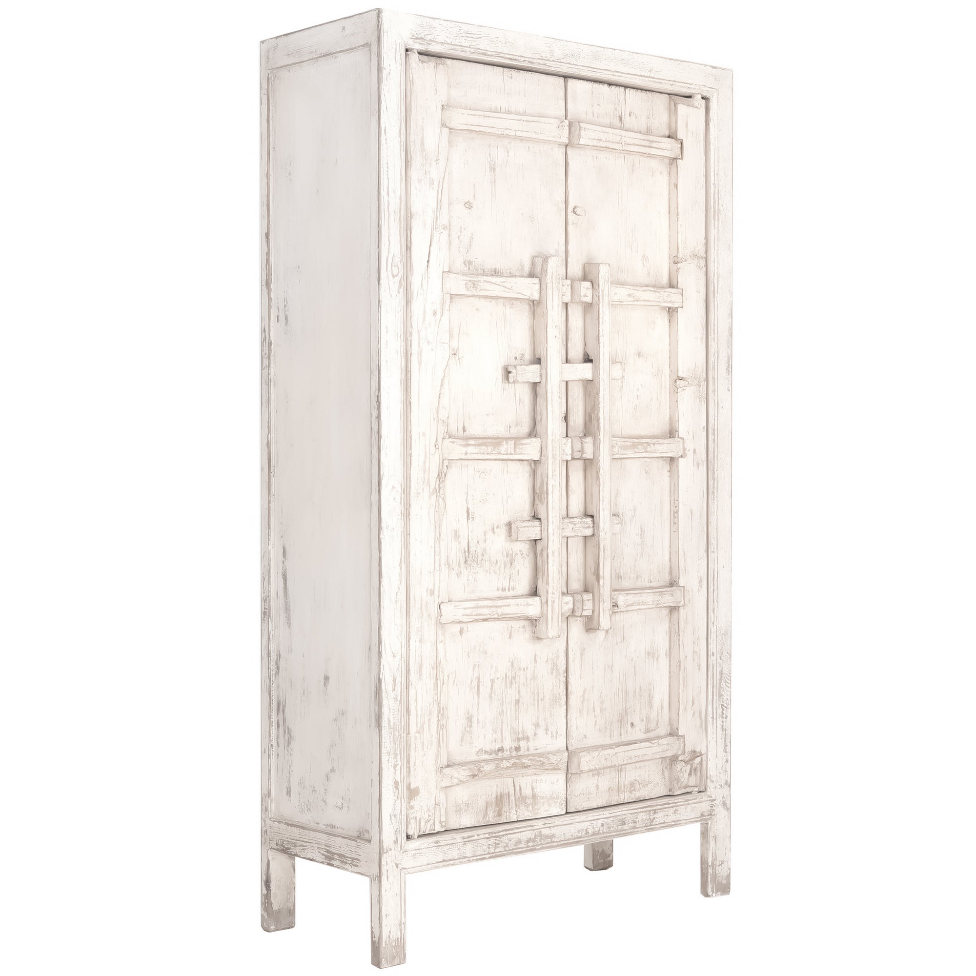 Bulu Tall Cabinet handcrafted from reclaimed Chinese timber with a vintage white finish and statement double doors.