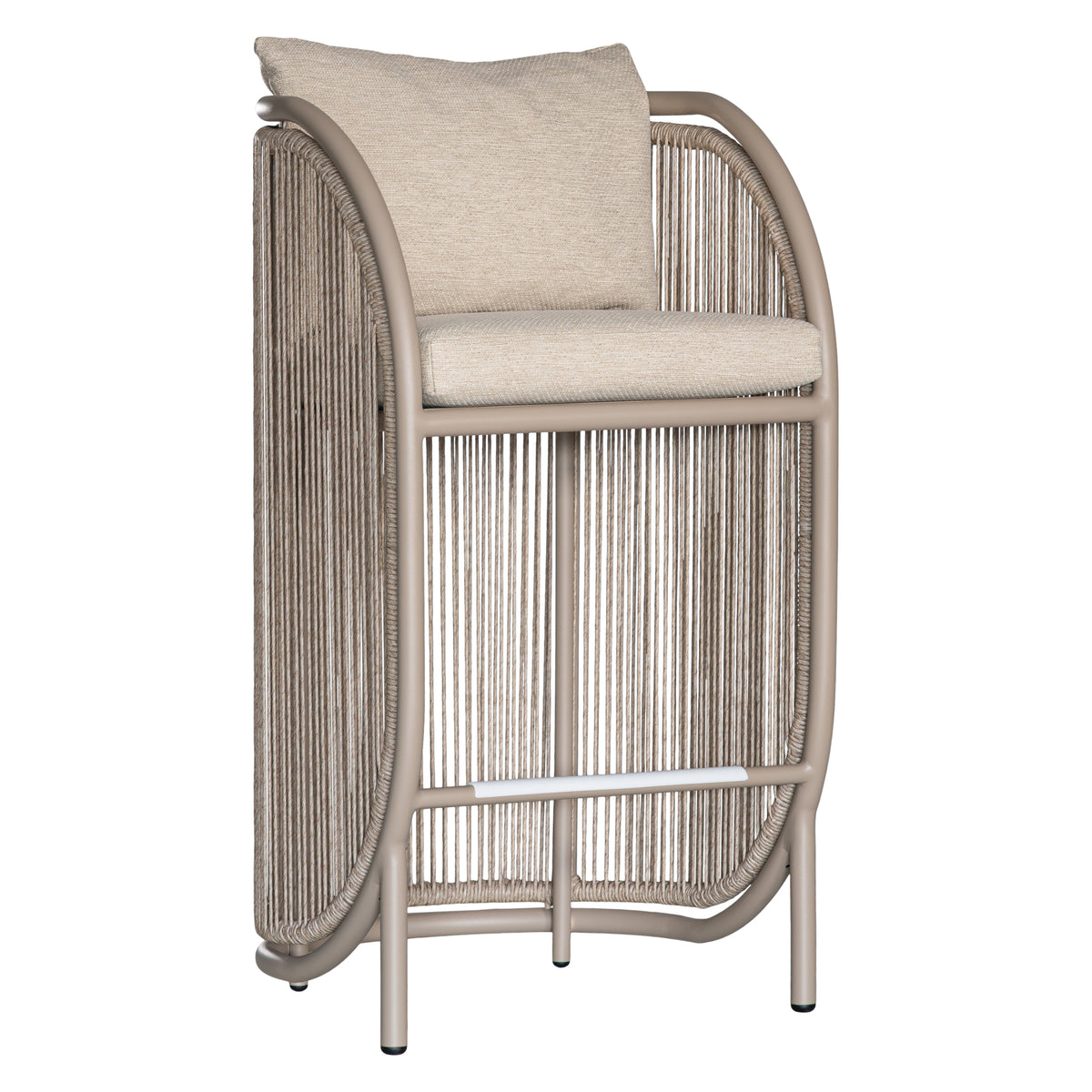 A modern outdoor barstool with a curved metal frame, beige rope-wrapped sides, and a light beige cushioned seat and backrest, shown on a plain white background.