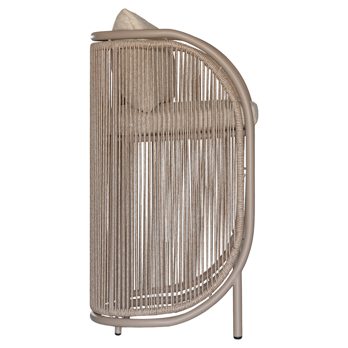 A modern semi-circular outdoor chair featuring a curved metal frame, vertical woven rope sling sides, and a light beige cushion, shown from a side profile view on a white background.
