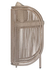 A modern semi-circular outdoor chair featuring a curved metal frame, vertical woven rope sling sides, and a light beige cushion, shown from a side profile view on a white background.