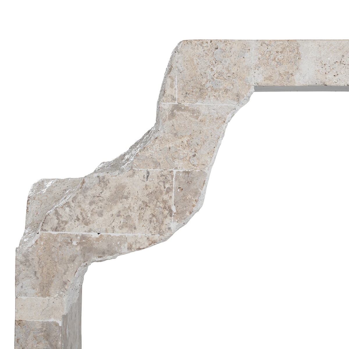 Duna Console Natural Fossil Stone close-up showing the sculptural curved leg, textured stone surface and subtle tonal variations.