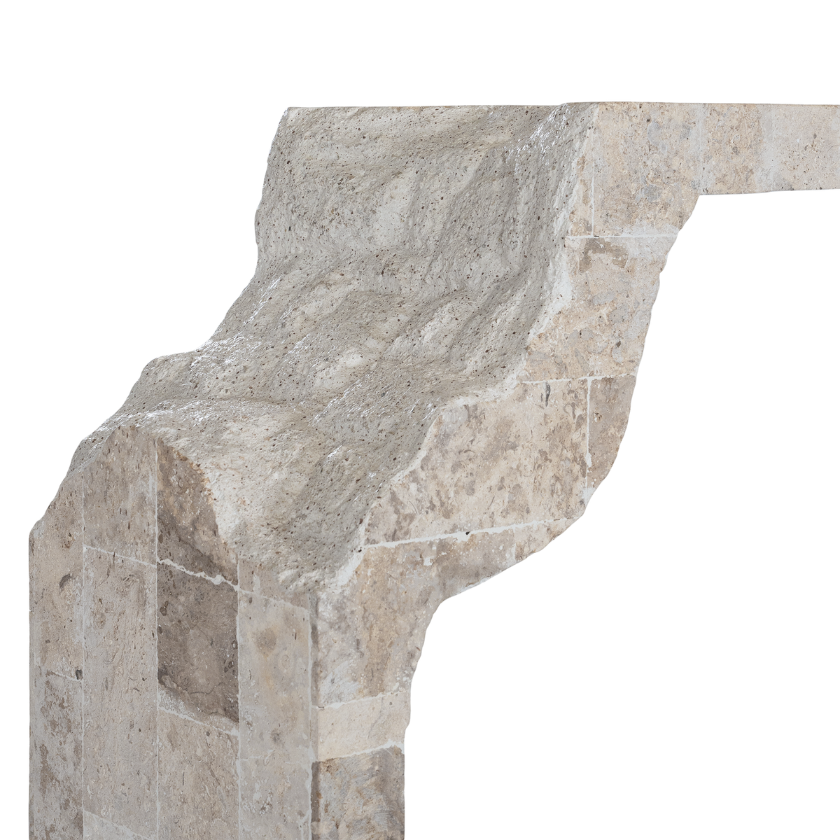 Duna Console Natural Fossil Stone close-up highlighting the flowing contours of the sculptural leg and contrasting smooth and textured stone finishes.