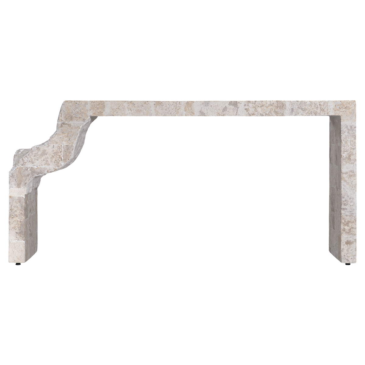 Duna Console Natural Fossil Stone front view, featuring a long rectangular tabletop, sculptural curved leg and natural beige fossil stone finish.