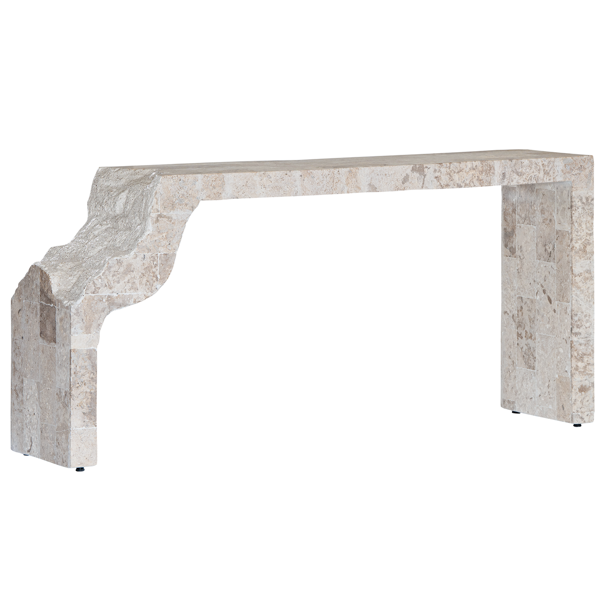 Duna Console Natural Fossil Stone angled view, showing the rectangular tabletop, asymmetrical sculptural support and textured stone construction