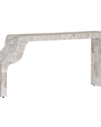Duna Console Natural Fossil Stone angled view, showing the rectangular tabletop, asymmetrical sculptural support and textured stone construction