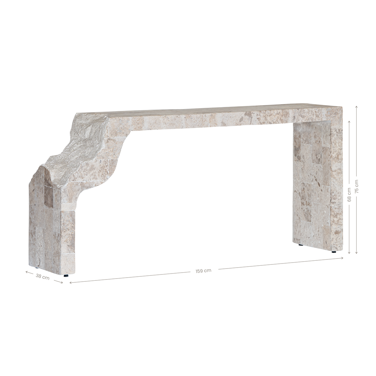 Duna Console Natural Fossil Stone dimensional diagram showing the console's proportions, sculptural leg profile and annotated measurements.
