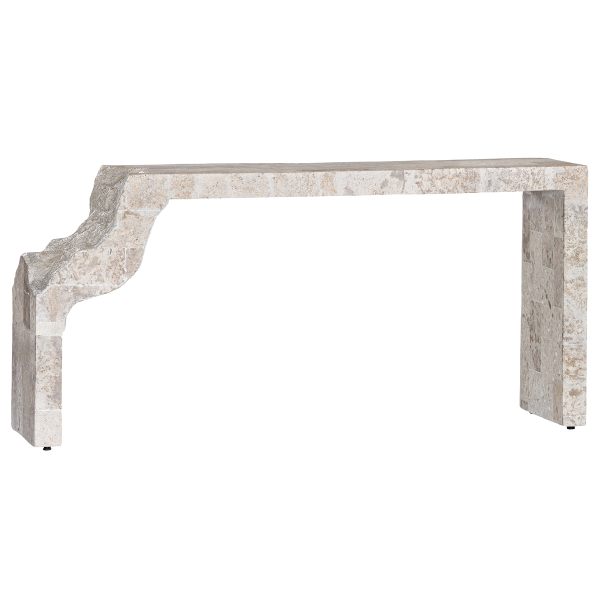 Duna Console Natural Fossil Stone three-quarter view, highlighting the elongated tabletop, curved sculptural leg and natural stone variations.