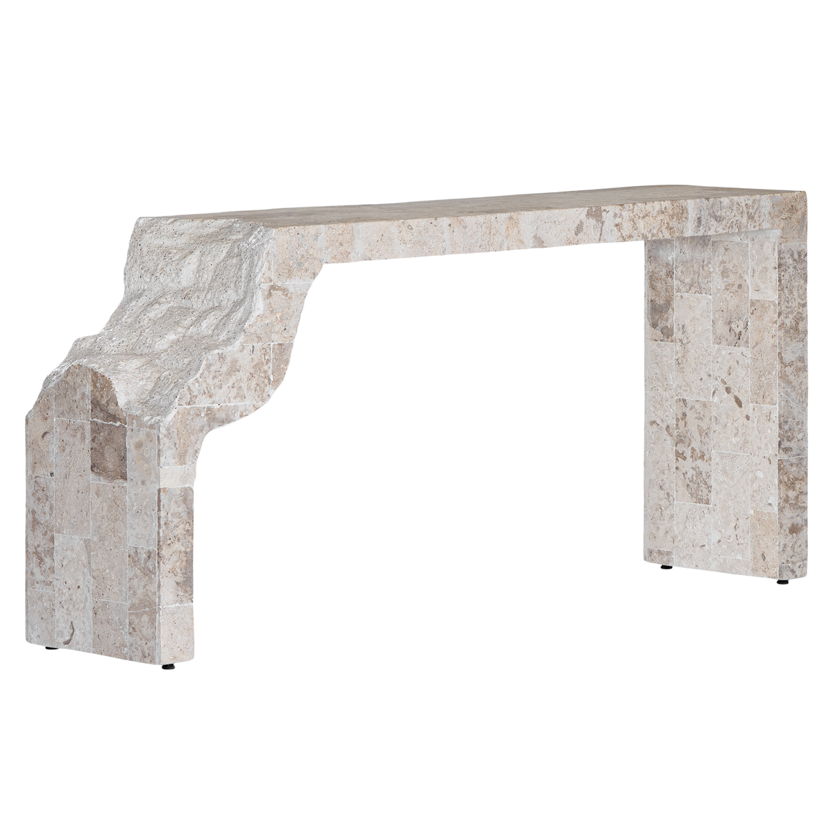 Duna Console Natural Fossil Stone angled view showing the textured curved support, rectangular end panel and pale beige stone finish.