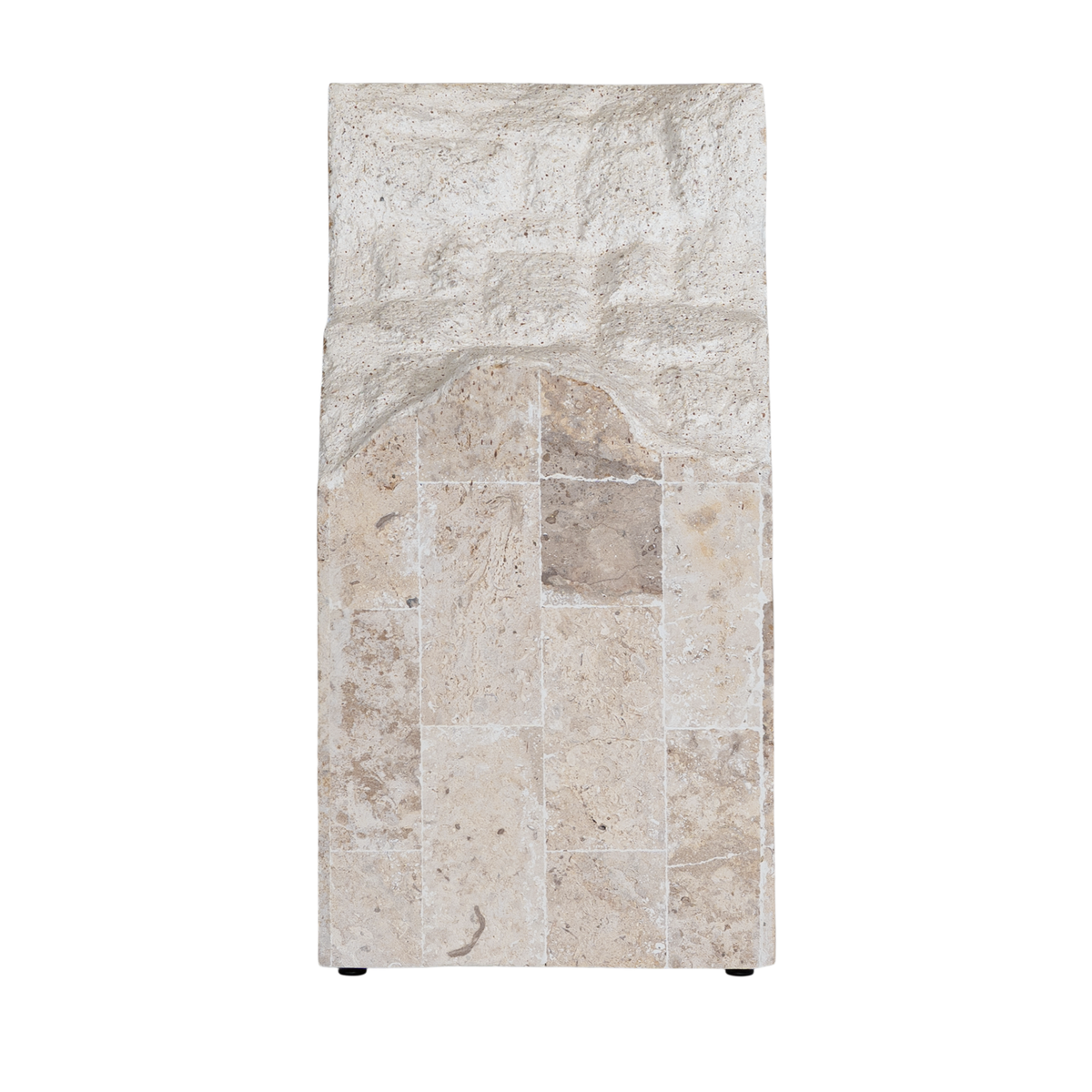 Duna Console Natural Fossil Stone side view highlighting the curved sculptural profile, textured upper section and rectangular stone base.