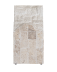 Duna Console Natural Fossil Stone side view highlighting the curved sculptural profile, textured upper section and rectangular stone base.
