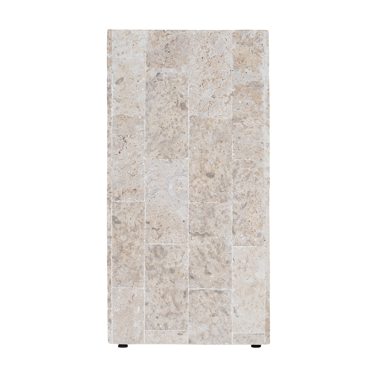 Duna Console Natural Fossil Stone end view showing the rectangular support with visible fossil markings and a patchwork of natural beige stone tones.