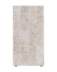 Duna Console Natural Fossil Stone end view showing the rectangular support with visible fossil markings and a patchwork of natural beige stone tones.