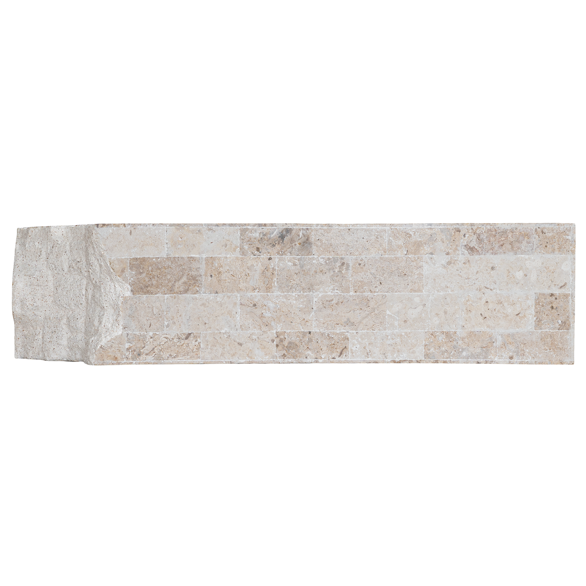 Duna Console Natural Fossil Stone top view showing the elongated rectangular surface, varied fossil stone pattern and sculptural textured detail at one end.
