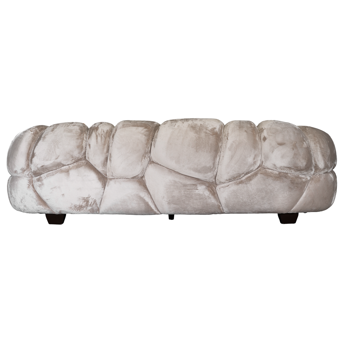 Melo Sofa Lush Pearl three seater rear view, featuring sculptural rounded panels, plush polyester upholstery and a soft pearl finish.