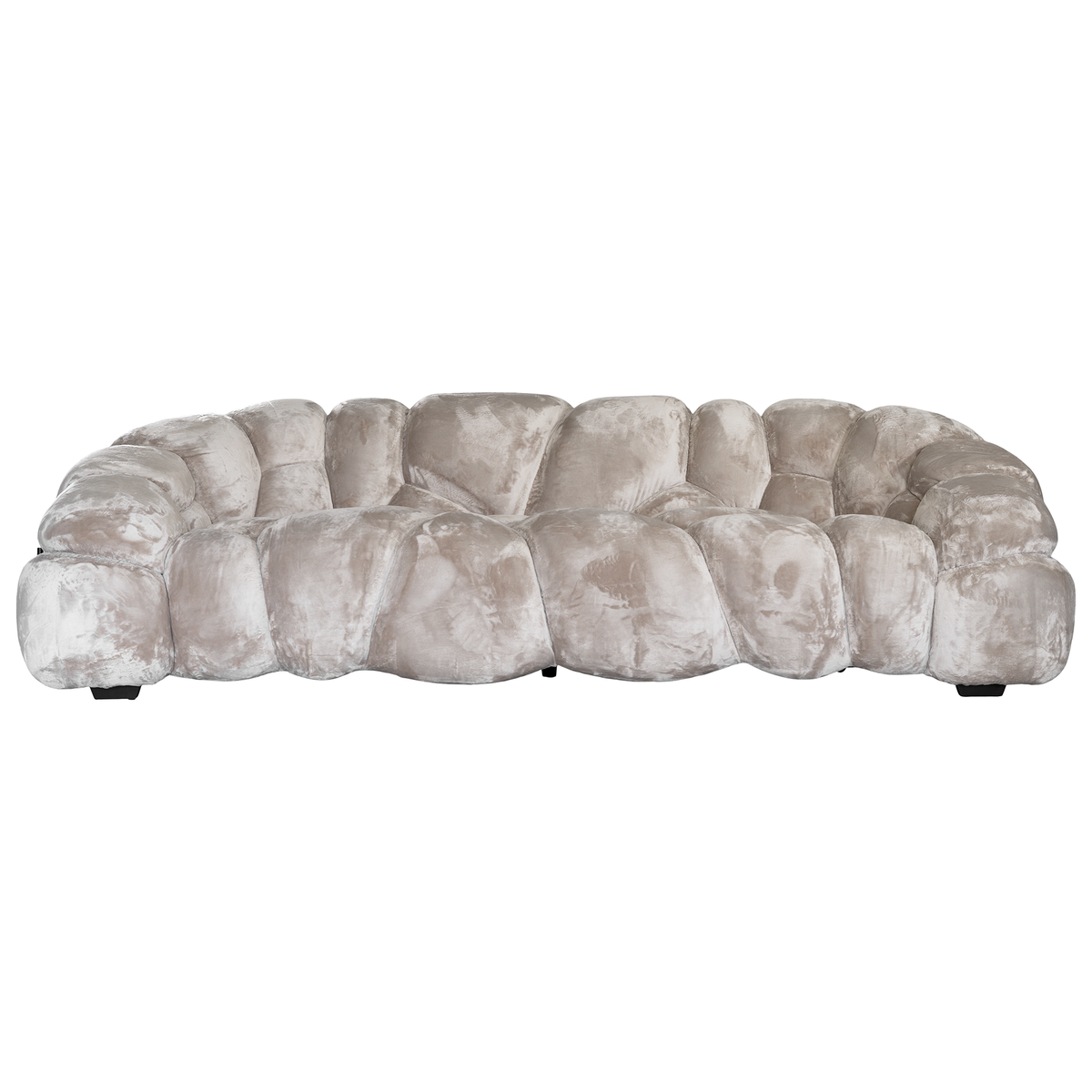 Melo Sofa Lush Pearl three seater front view, featuring an enveloping curved silhouette, oversized padded sections and soft pearl upholstery.
