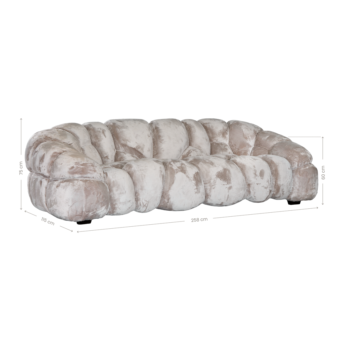 Melo Three Seater Sofa in Pearl Lush full outdoor fabric, featuring sculptural rounded cushioning with dimensions illustrated.
