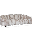 Melo Three Seater Sofa in Pearl Lush full outdoor fabric, featuring sculptural rounded cushioning with dimensions illustrated.