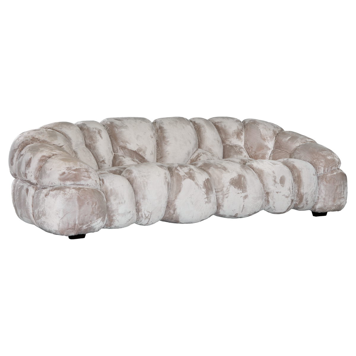 Melo Sofa Lush Pearl three seater angled view, showing its deep seating, sculptural segmented upholstery and rounded armrests.
