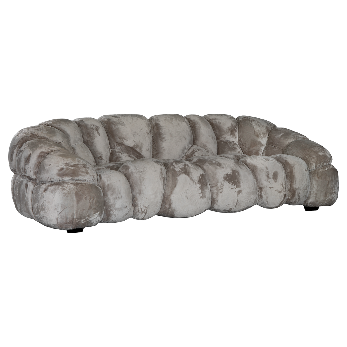 Melo Sofa Smokey Quartz three seater angled view, featuring oversized rounded upholstery panels, a curved backrest and soft taupe-grey tones.