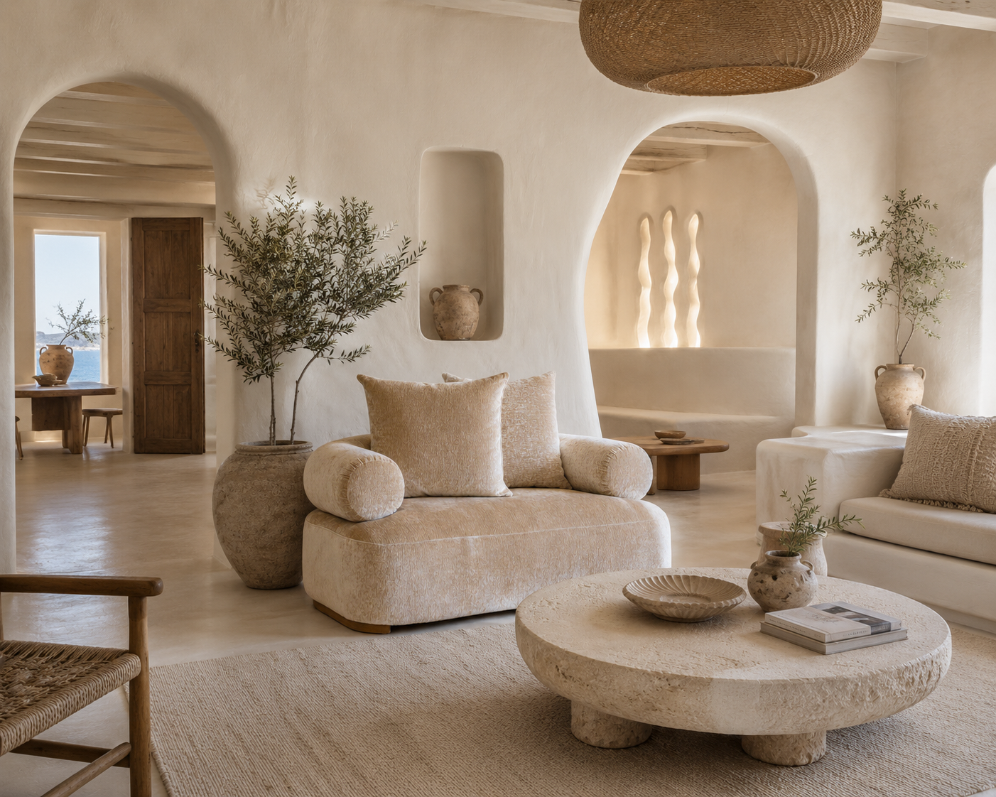 Soneva sofa in Dolce with soft curved lines and plush upholstery styled in a light filled Mediterranean inspired living room with natural textures and sculptural furnishings.