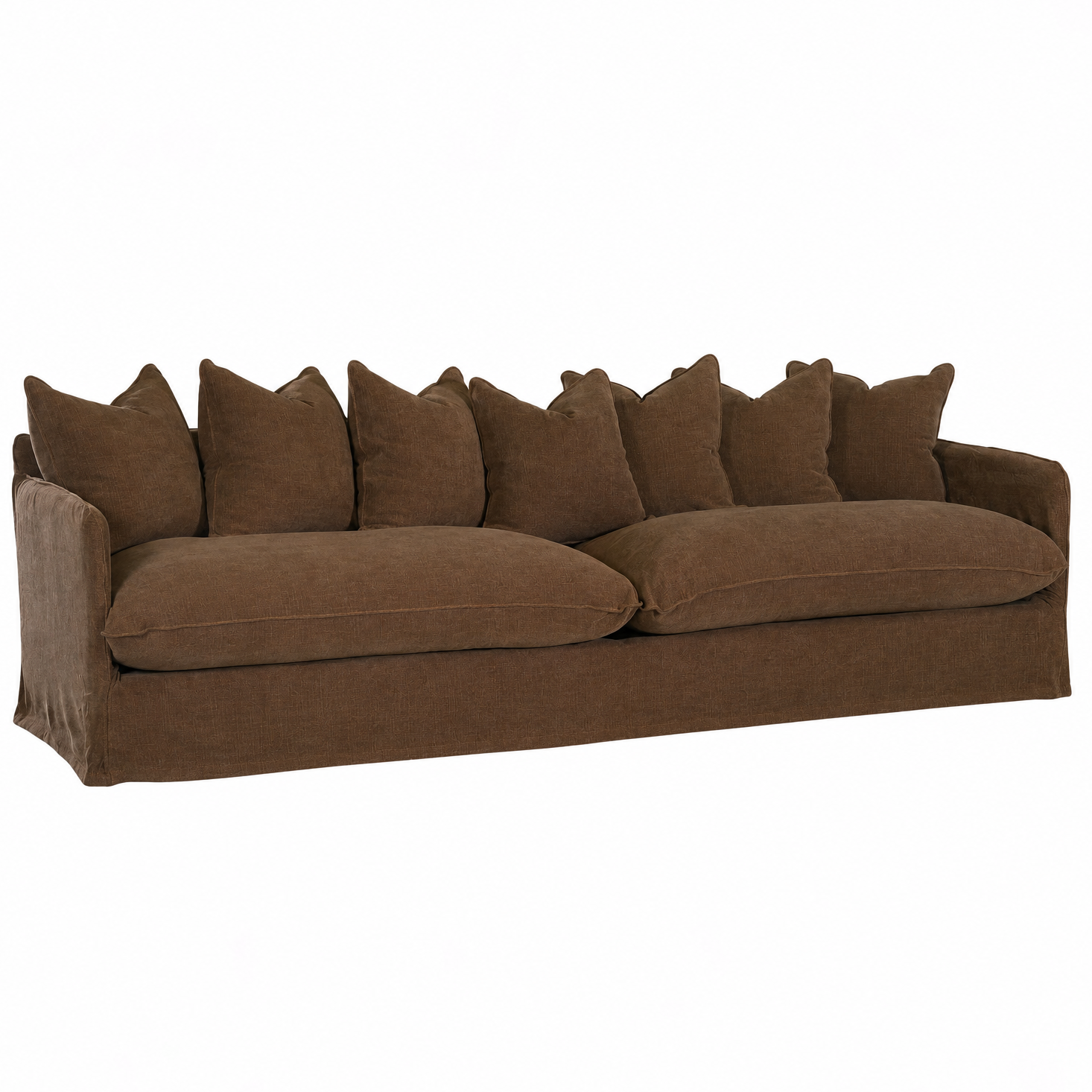 A brown slipcovered sofa with a skirted base, wide armrests, and a row of matching back cushions, shown on a plain white background.