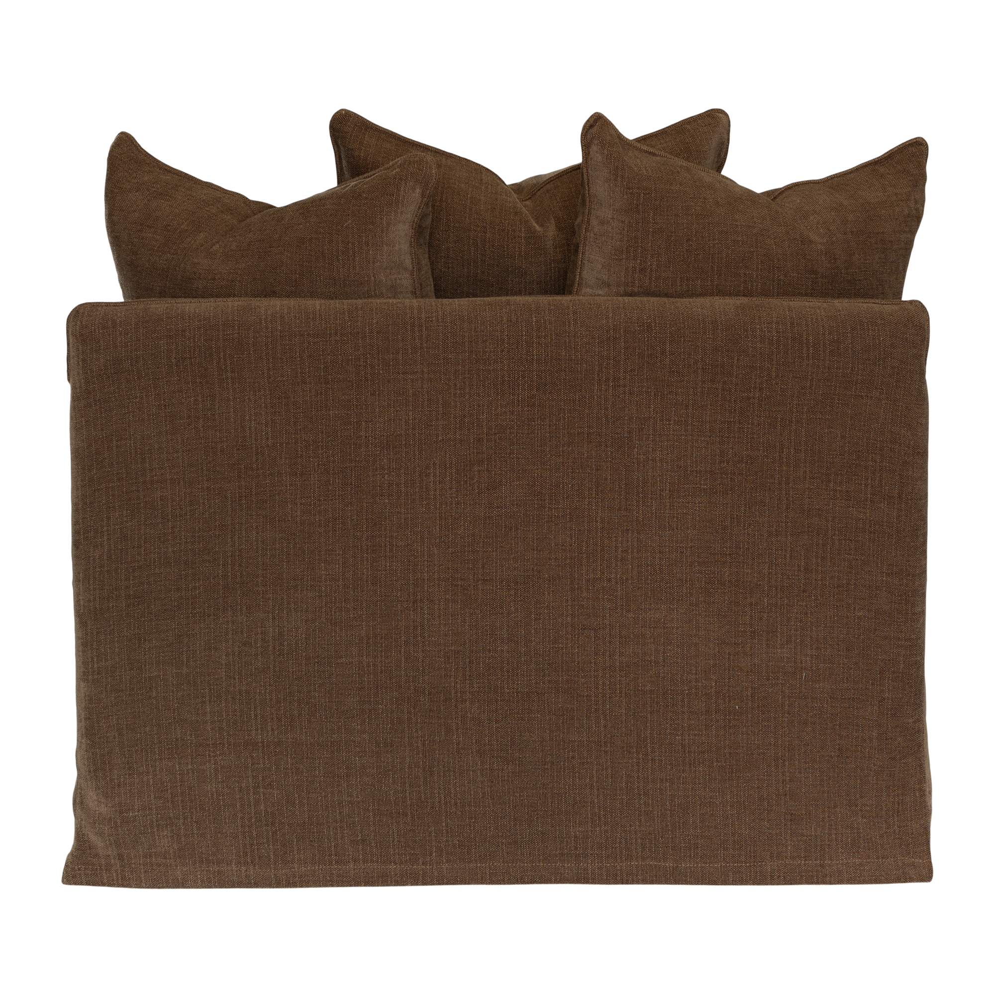 A brown textured fabric sofa cover or slipcover with three matching throw pillows, shown against a plain white background.
