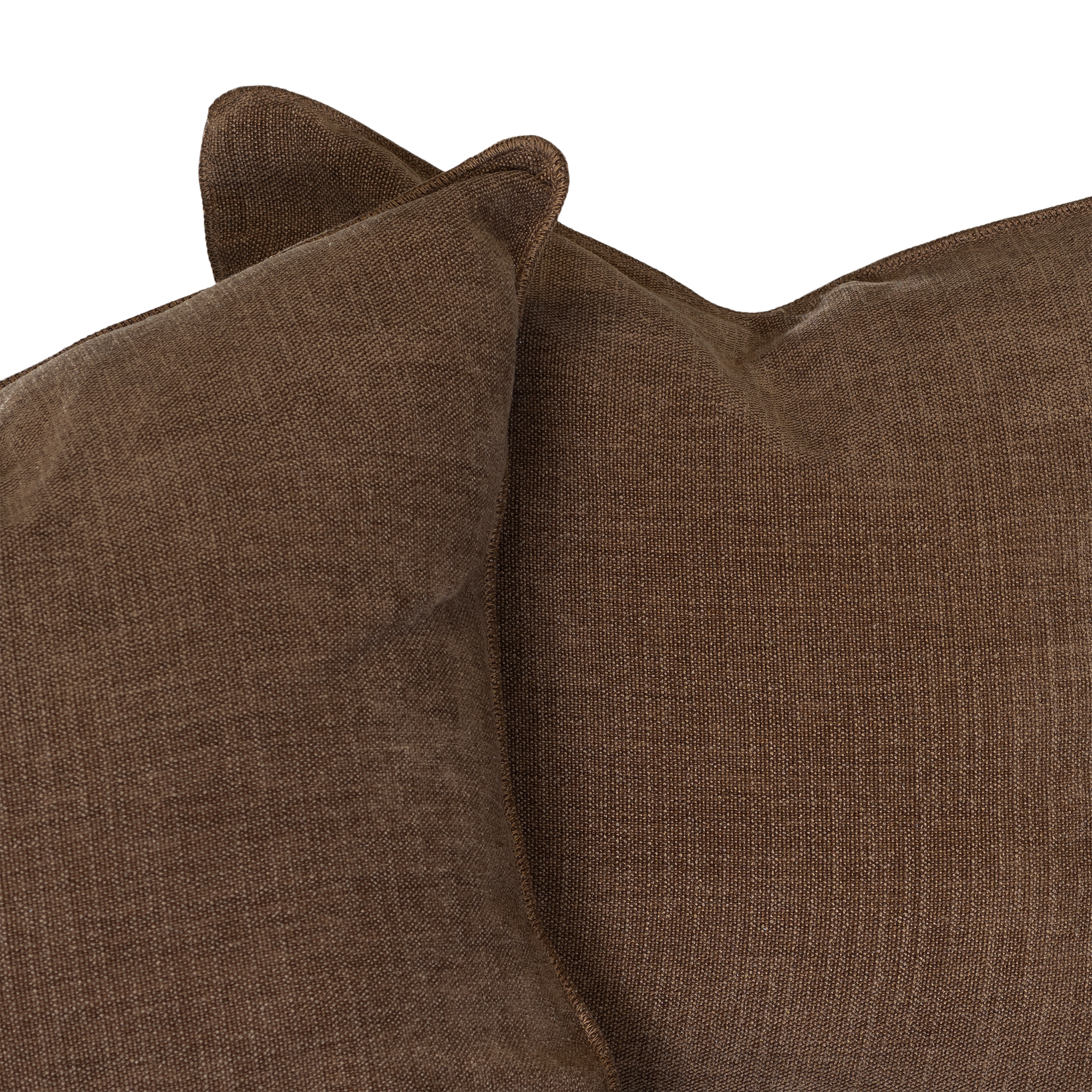 A close-up of two brown textured throw pillows on a solid white background.