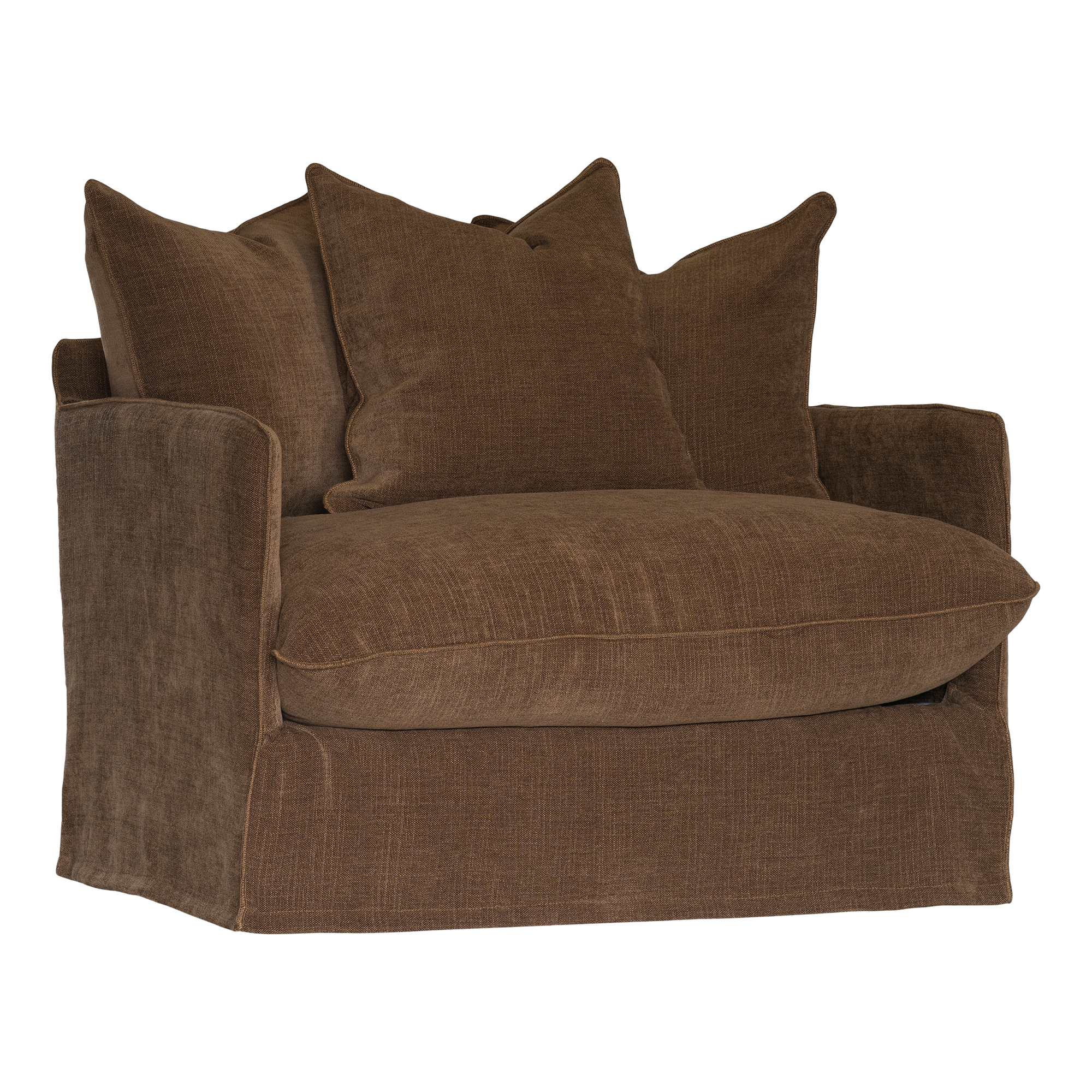 A brown fabric slipcovered armchair with three matching back cushions, shown against a plain white background.