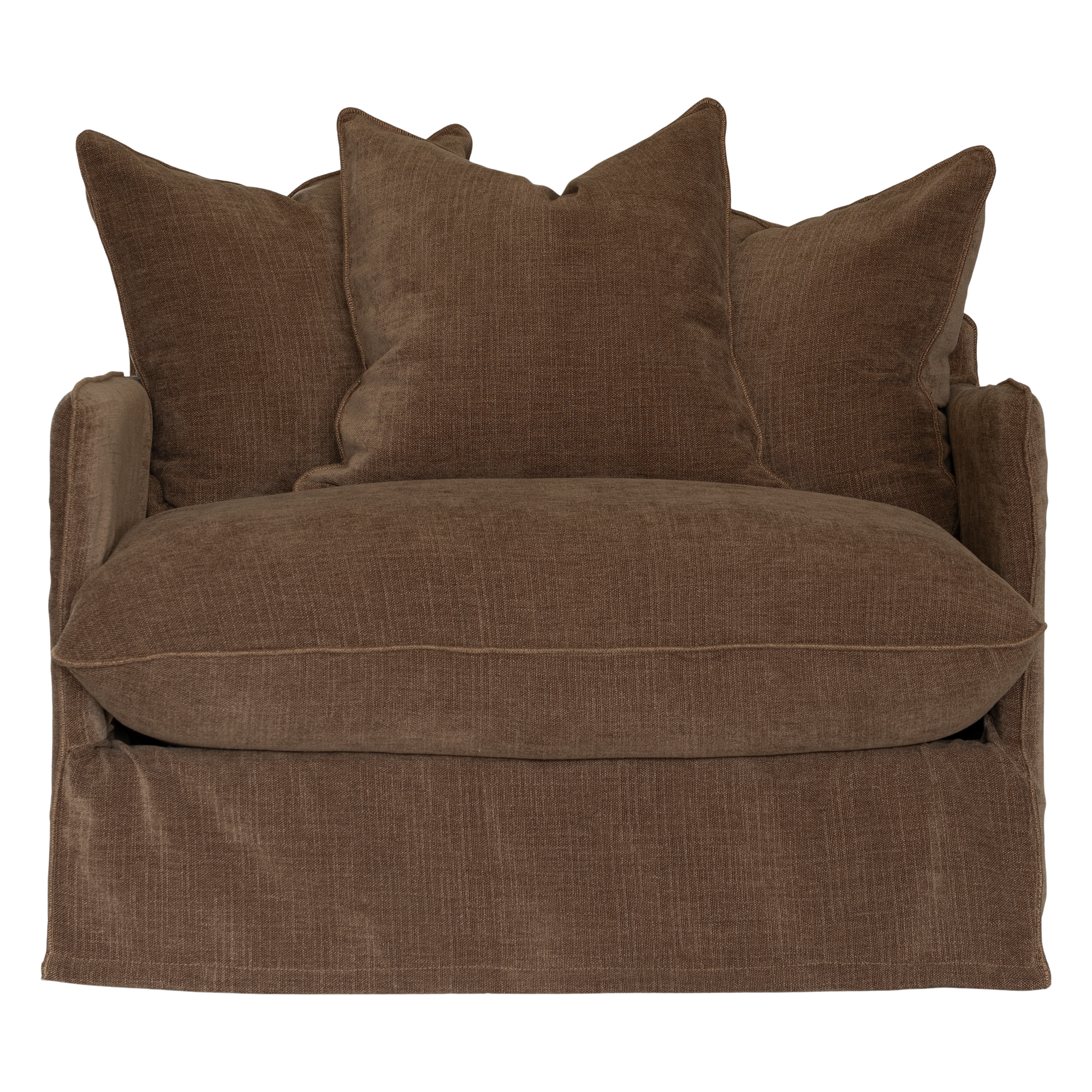 A brown upholstered armchair with a skirted base, wide armrests, and three matching back cushions, shown against a plain white background.