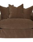 A brown upholstered armchair with a skirted base, wide armrests, and three matching back cushions, shown against a plain white background.