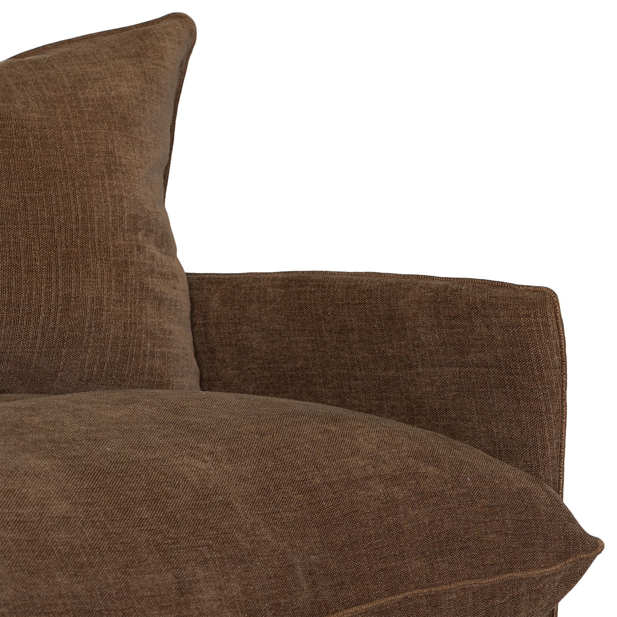 Close-up of a brown textured fabric sofa cushion and matching armrest against a plain white background.