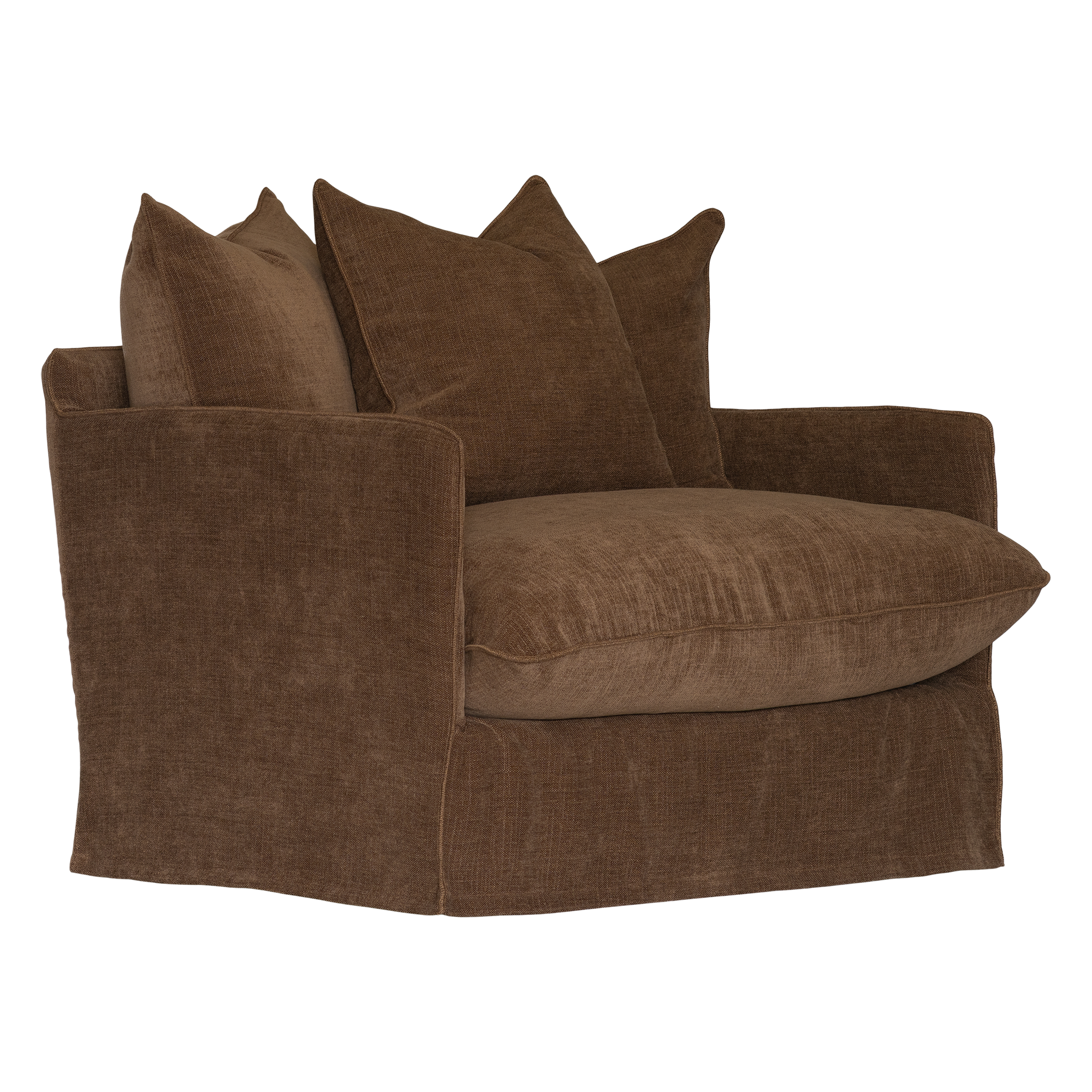 A brown upholstered armchair with a skirted base, wide armrests, and three matching back cushions, shown on a plain white background.