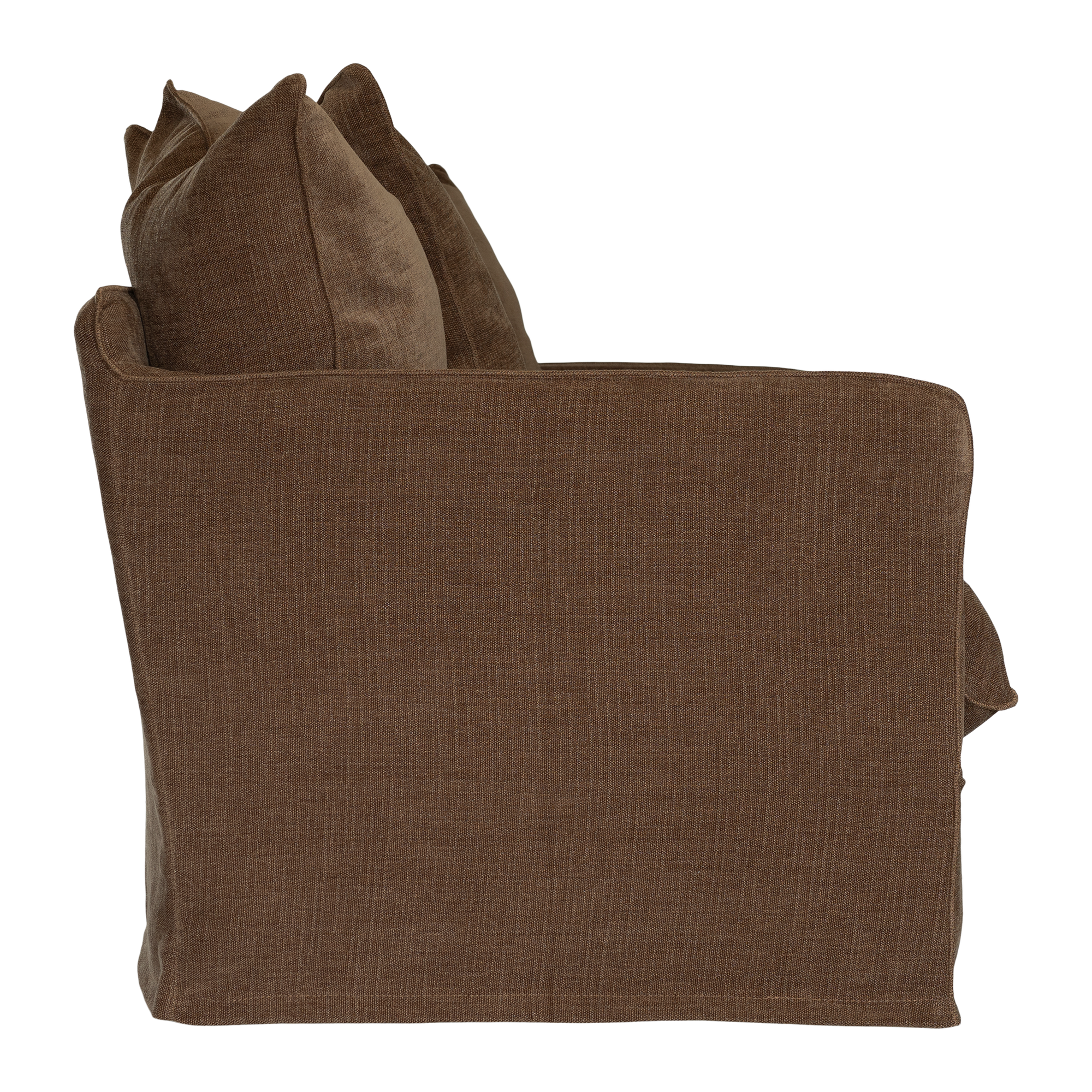 A brown upholstered armchair with a textured fabric, featuring a matching brown throw pillow and a side slipcover, shown against a plain white background.