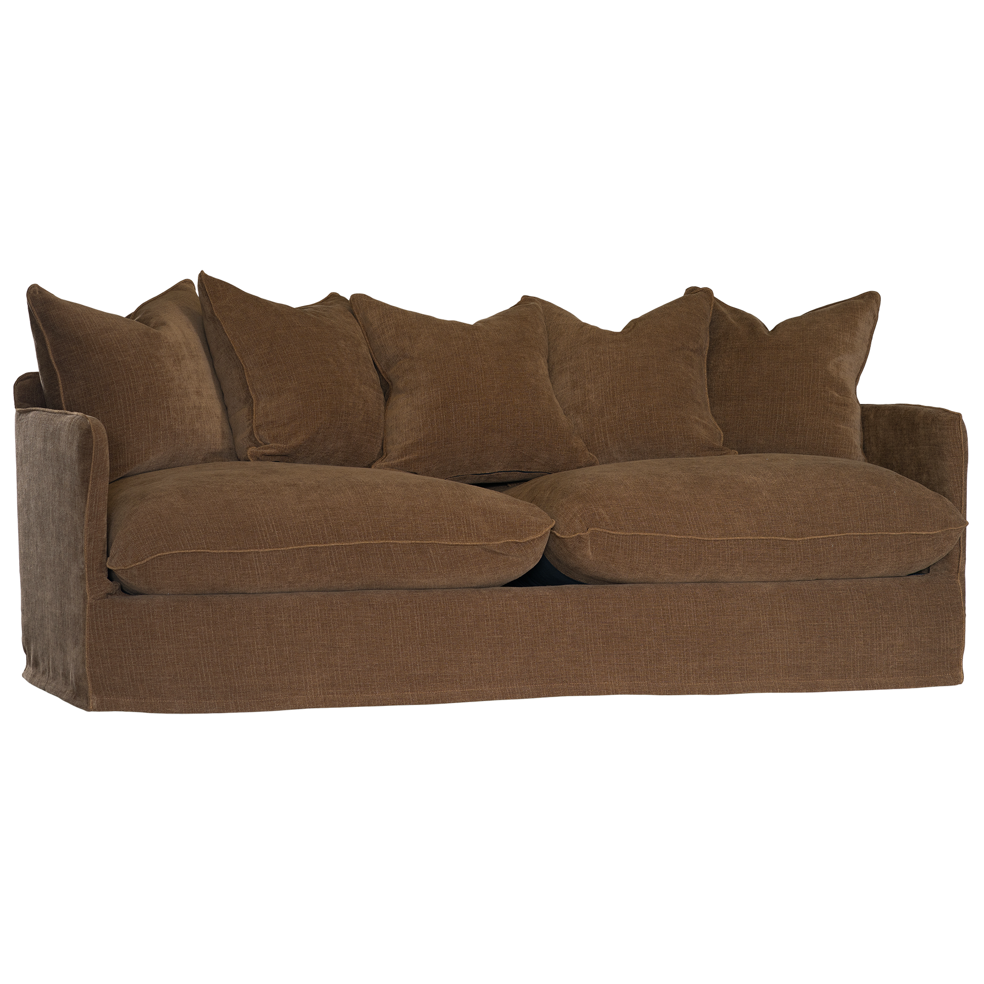 A brown upholstered sofa with matching throw pillows, shown against a plain white background.