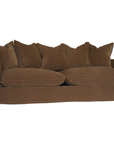 A brown upholstered sofa with matching throw pillows, shown against a plain white background.